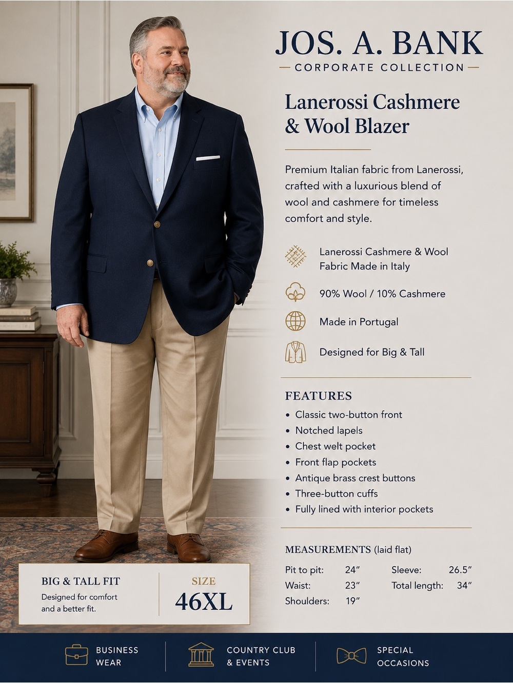 Jos A Bank 46XL Navy Blazer Lanerossi Cashmere Wool Gold Button Sport Coat
